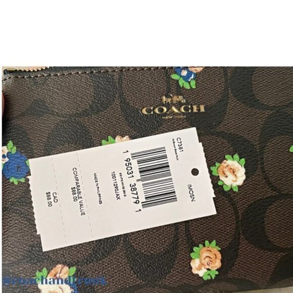 COACH Wristlet Dark Brown Classic C with Vintage Mini Rose Print Gold Accents - Picture 6 of 8